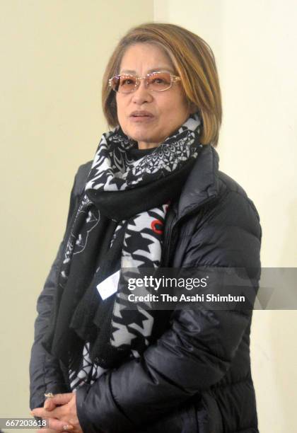 Former coach Machiko Yamada speaks to media reporters after figure skater Mao Asada announced her retirement at Nagoya Sports Center on April 11,...