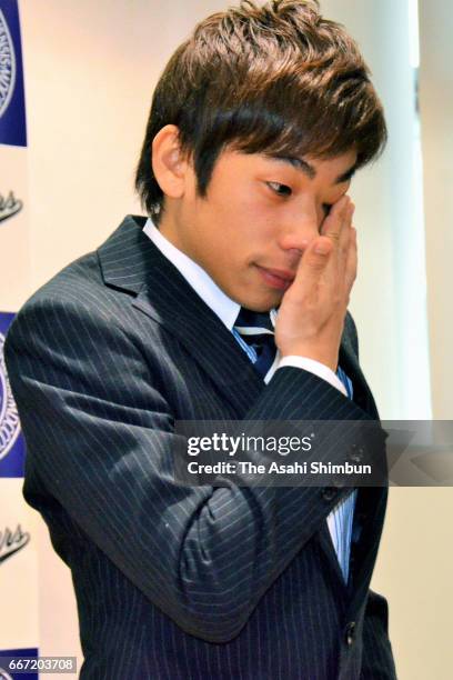 Former figure skater Nobunari Oda speaks to media reporters after figure skater Mao Asada announced her retirement on April 11, 2017 in Osaka, Japan.