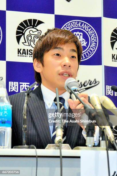 Former figure skater Nobunari Oda speaks to media reporters after figure skater Mao Asada announced her retirement on April 11, 2017 in Osaka, Japan.