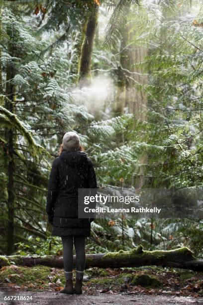 taylor walks gowlland tod on a snowy day - female looking away from camera serious thinking outside natural stock pictures, royalty-free photos & images