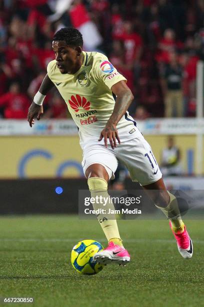 Michael Arroyo of America drives the ball during the 13th round match between Tijuana and America as part of the Torneo Clausura 2017 Liga MX at...