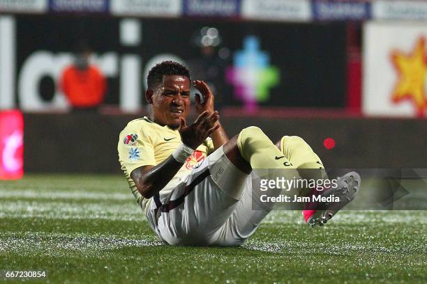 Michael Arroyo of America reacts after being injured during the 13th round match between Tijuana and America as part of the Torneo Clausura 2017 Liga...