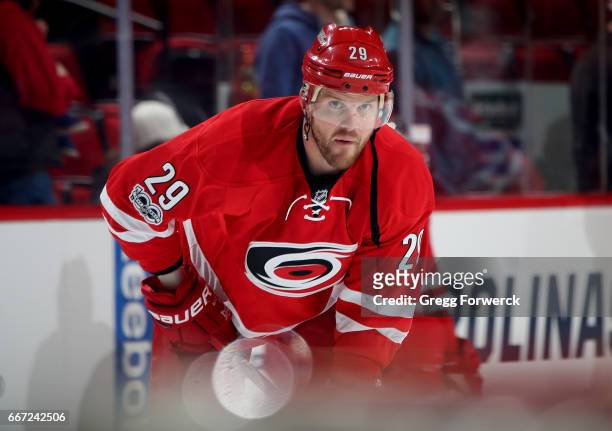 Bryan Bickell of the Carolina Hurricanes is photographed prior to an NHL game against the New York Islanders on April 6, 2017 at PNC Arena in...
