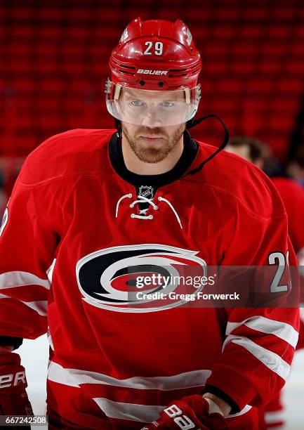 Bryan Bickell of the Carolina Hurricanes is photographed warm ups prior to an NHL game against the New York Islanders on April 6, 2017 at PNC Arena...