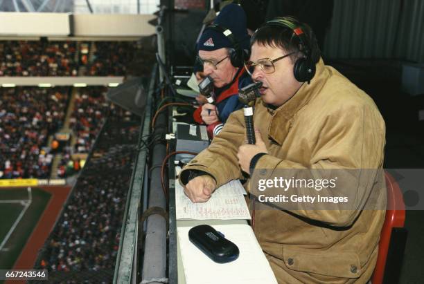 Radio 5 Broadcaster Alan Green in action with summariser Jimmy Armfield during a Premier League match between Liverpool and Middlesbrough at Anfield...