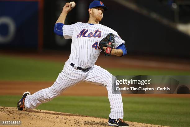 April 7: Pitcher Zack Wheeler of the New York Mets pitching during the Miami Marlins Vs New York Mets regular season MLB game at Citi Field on April...