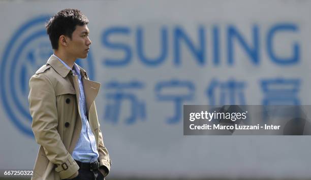 Internazionale board member Steven Zhang looks on during the FC Internazionale training session at the club's training ground "La Pinetina" on April...