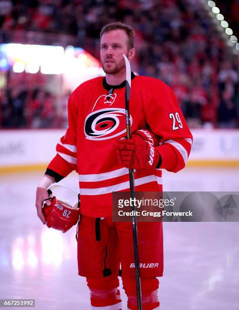 Bryan Bickell of the Carolina Hurricanes is photographed during the National Anthem prior to an NHL game against the St. Louis Blues on April 8, 2017...
