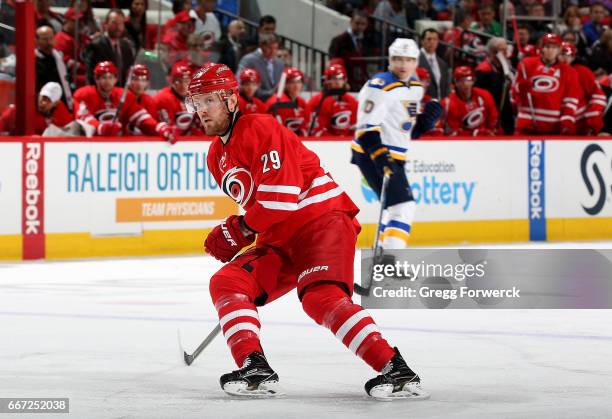 Bryan Bickell of the Carolina Hurricanes skates for position on the ice against the St. Louis Blues during an NHL game on April 8, 2017 at PNC Arena...