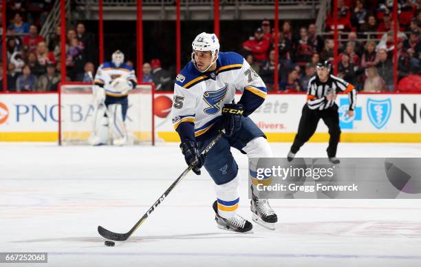 Ryan Reeves of the St. Louis Blues skates with the puck during an NHL game against the Carolina Hurricanes on April 8, 2017 at PNC Arena in Raleigh,...