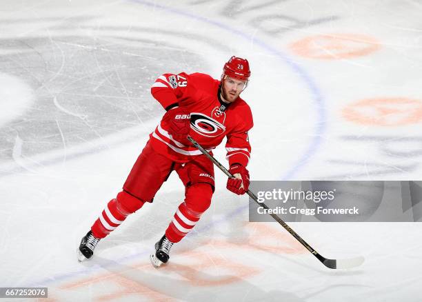 Bryan Bickell of the Carolina Hurricanes skates for position on the ice during an NHL game against the St. Louis Blues on April 8, 2017 at PNC Arena...