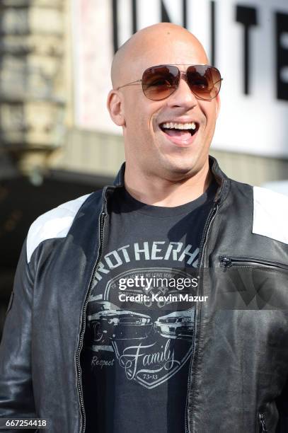 Vin Diesel and Michelle Rodriguez visit Washington Heights on behalf of "The Fate Of The Furious" on April 11, 2017 in New York City.