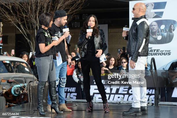 Birmania Rios and William Valdes speak to Michelle Rodriguez and Vin Diesel as they visit Washington Heights on behalf of "The Fate Of The Furious"...