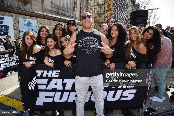 Vin Diesel and Michelle Rodriguez visit Washington Heights on behalf of "The Fate Of The Furious" on April 11, 2017 in New York City.