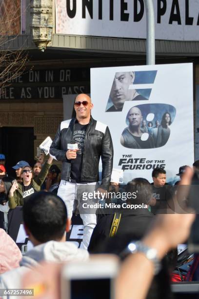 Vin Diesel and Michelle Rodriguez visit Washington Heights on behalf of "The Fate Of The Furious" on April 11, 2017 in New York City.