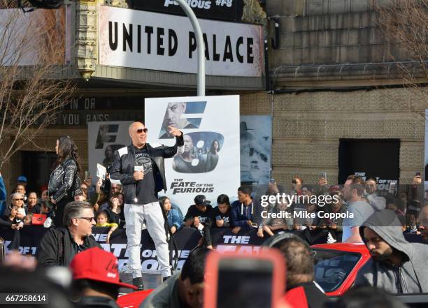 Michelle Rodriguez and Vin Diesel visit Washington Heights on behalf of "The Fate Of The Furious" on April 11, 2017 in New York City.