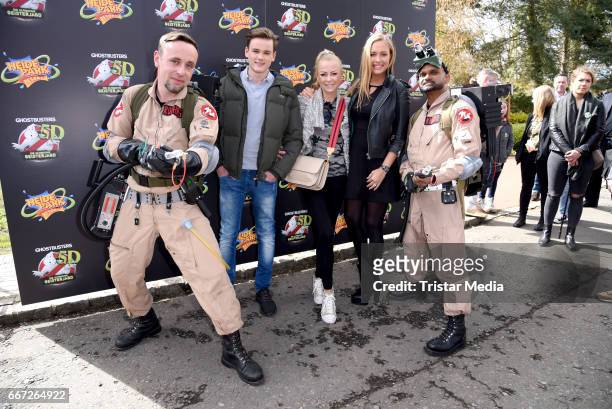 Jenny Elvers, her son Paul Jolig and Alena Gerber attend the 'Ghostbusters 5D' opening at Heidepark on April 11, 2017 in Soltau, Germany.