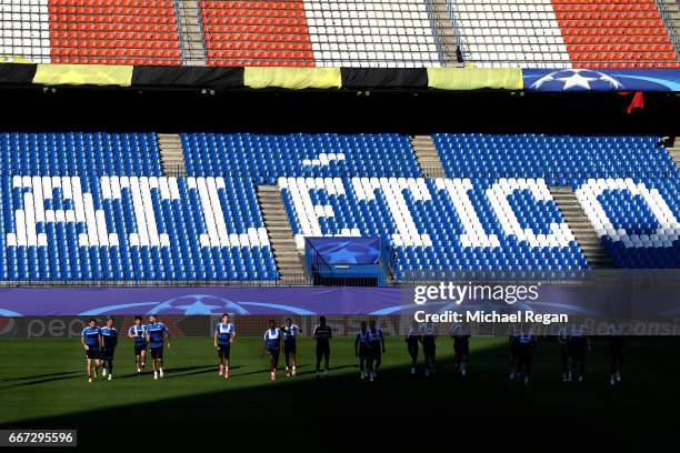 General view during a Leicester City training session ahead of their UEFA Champions League Quarter-Final match against Atletico Madrid at Vicente...