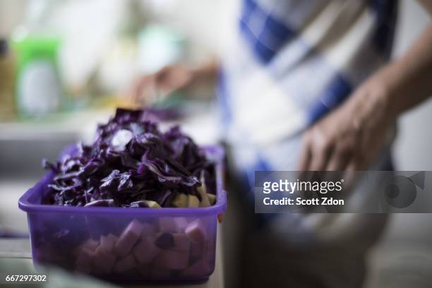 woman in kitchen chopping vegetables - scott zdon stock-fotos und bilder