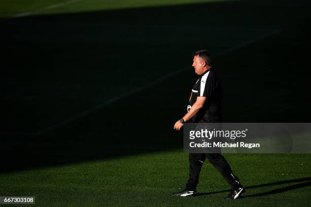 Craig Shakespeare, Manager of Leicester City looks on during a Leicester City training session ahead of their UEFA Champions League Quarter-Final...