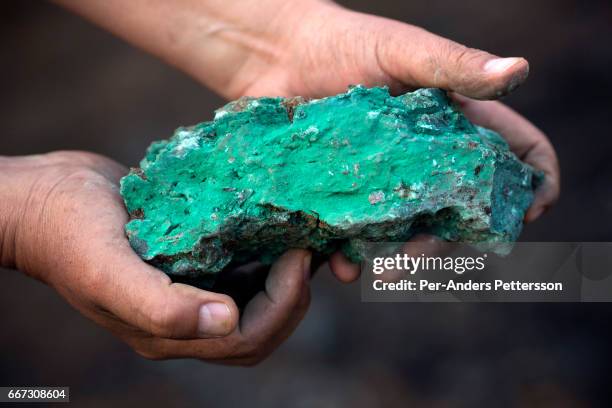 Pedro Quinteros, the CEO of Mutanda Mining holds a copper rich piece as the sun sets in one of the open pit copper mines at Mutanda Mining on July 7,...