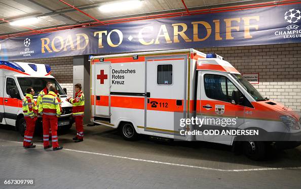 Ambulances are pictured inside stadium after the team bus of Borussia... News Photo - Getty Images