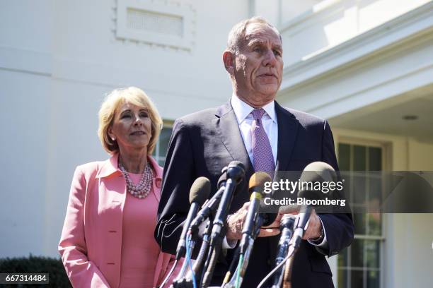 Toby Cosgrove, president and chief executive officer of Cleveland Clinic Foundation, speaks to members of the media while Betsy DeVos, U.S. Secretary...