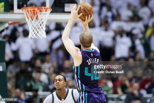 Cody Zeller of the Charlotte Hornets attempts a shot in the second quarter against the Milwaukee Bucks at BMO Harris Bradley Center on April 10, 2017...
