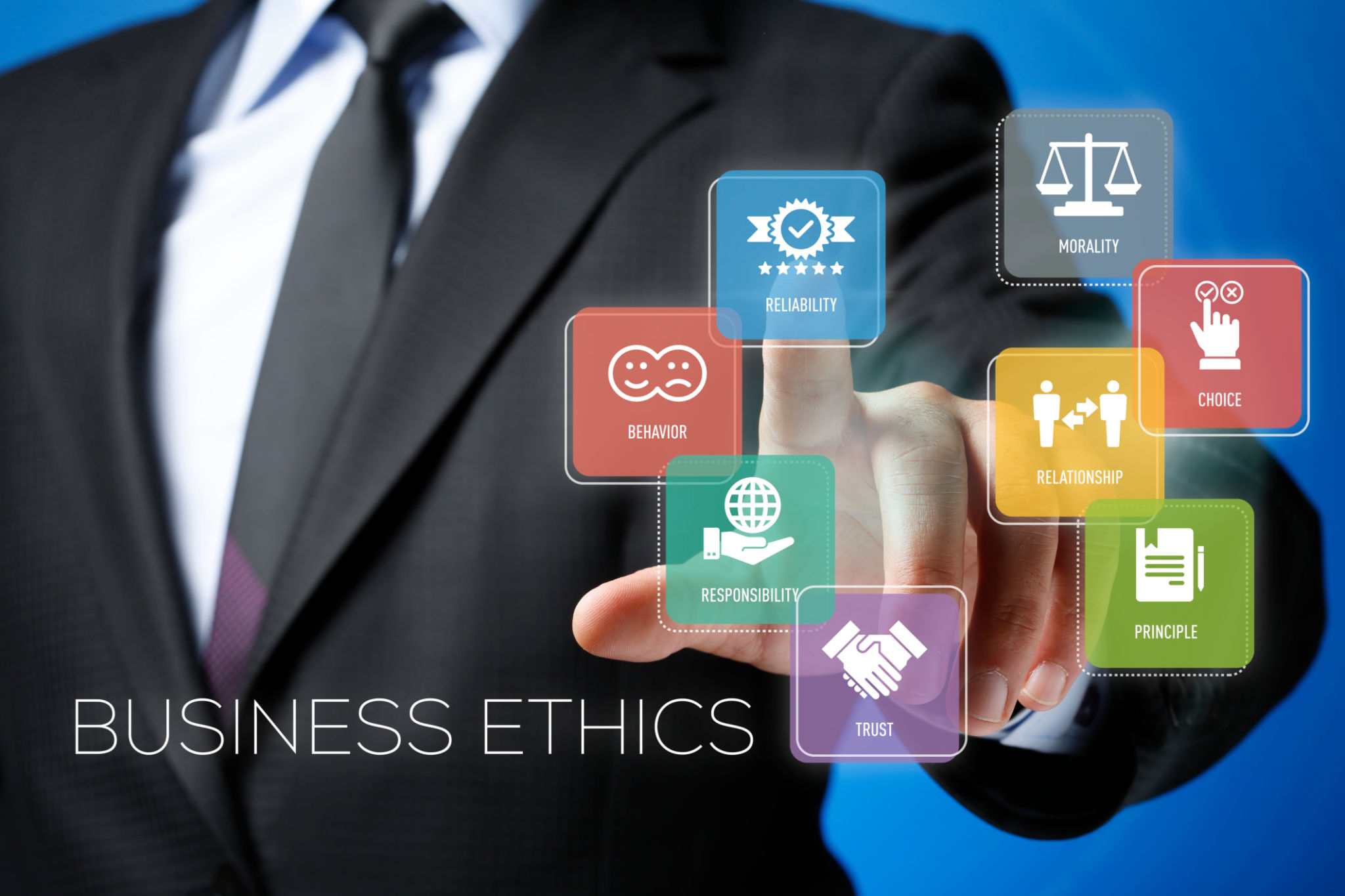 Concepto de ética empresarial en interfaz futurista con pantalla táctil Concepto de ética empresarial en interfaz futurista con pantalla táctil
