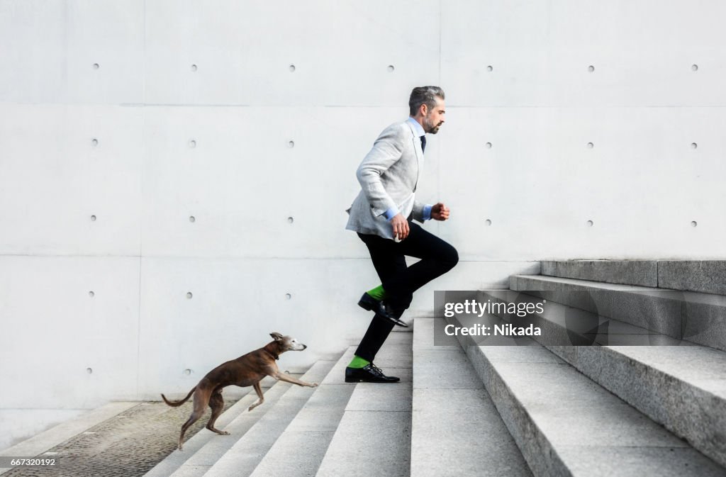 Full length of businessmen running on steps with dog