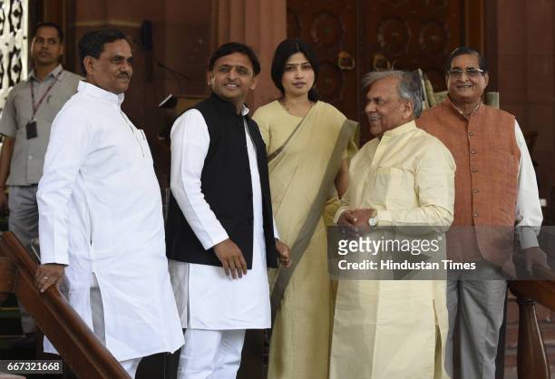 Former Chief Minister of Uttar Pradesh and President of Samajwadi Party Akhilesh Yadav with his wife Lok Sabha MP Dimple Yadav and others during the...