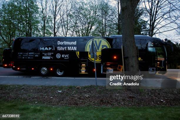 The bus of Borussia Dortmund stands after explosions at the hotel L'Arrivee, in Dortmund, Germany on April 11, 2017. The UEFA Champions League...