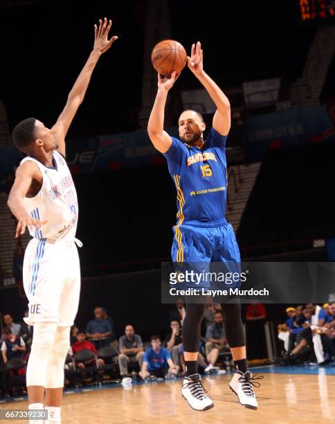 Mychael Thompson of the Santa Cruz Warriors shoots the ball against the Oklahoma City Blue during the first round of an NBA D-League playoff game on...
