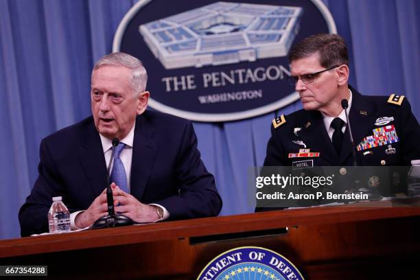 Defense Secretary James Mattis and General Joseph Votel, commander, US Central Command speak at a press conference at the Pentagon April 11, 2017 in...