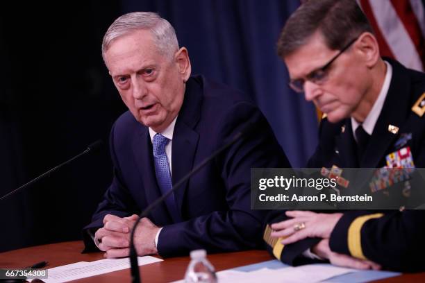 Defense Secretary James Mattis and General Joseph Votel, commander, US Central Command speak at a press conference at the Pentagon April 11, 2017 in...