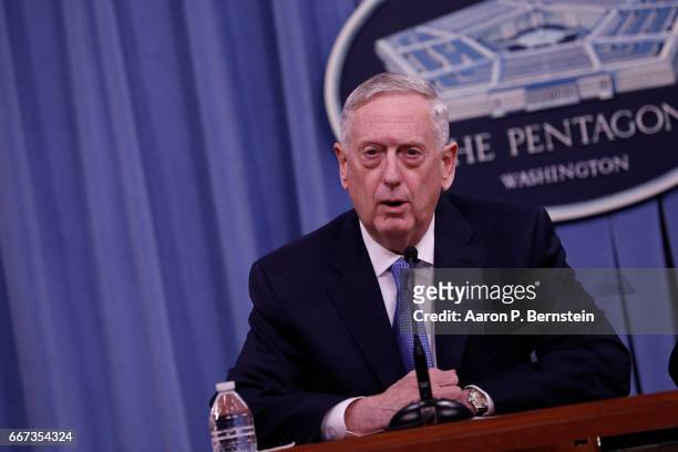 Defense Secretary James Mattis speaks at a press conference at the Pentagon April 11, 2017 in Washington, DC. Mattis discussed the recent airstrikes...