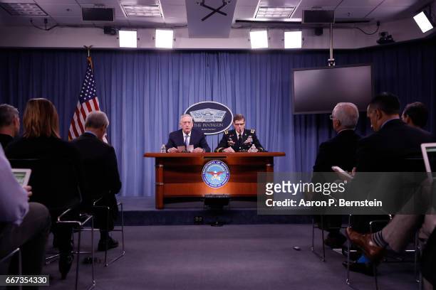Defense Secretary James Mattis and General Joseph Votel, commander, US Central Command speak at a press conference at the Pentagon April 11, 2017 in...