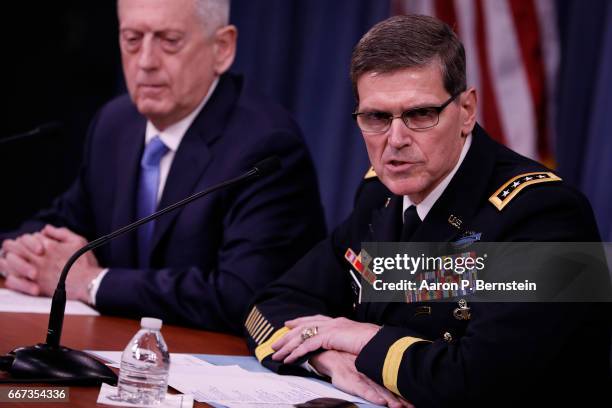 Defense Secretary James Mattis and General Joseph Votel, commander, US Central Command speak at a press conference at the Pentagon April 11, 2017 in...