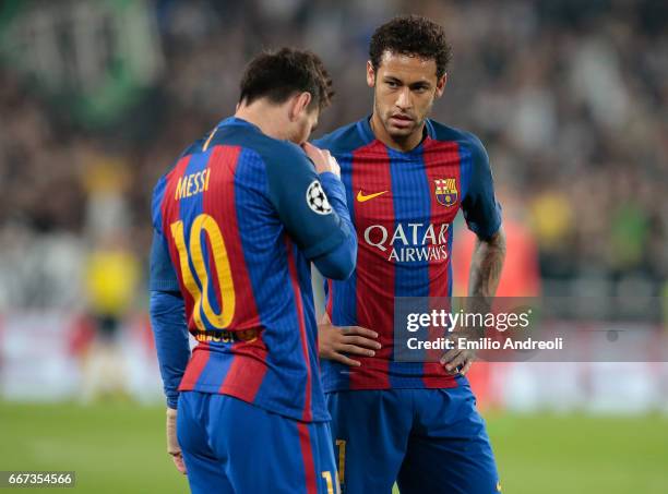 Neymar Jr of FC Barcelona and his teammate Lionel Messi show their dejection during the UEFA Champions League Quarter Final first leg match between...