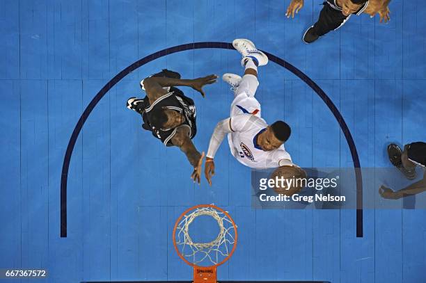 Aerial view of Oklahoma City Thunder Russell Westbrook in action, dunk vs San Antonio Spurs at Chesapeake Energy Arena. Oklahoma City, OK 3/9/2017...