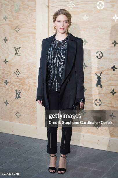 Actress Lea Seydoux attends the Louis Vuitton's Dinner for the Launch of Bags by Artist Jeff Koons at Musee du Louvre on April 11, 2017 in Paris,...