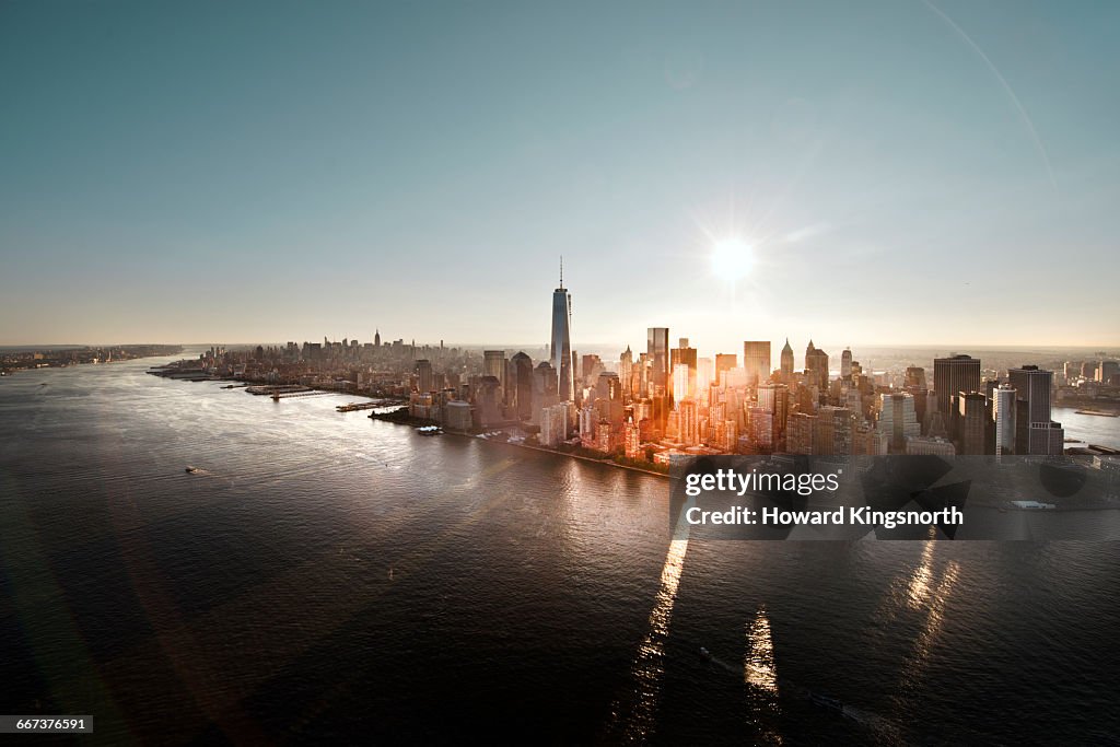 Aerial of Manhattan, NYC at sunrise