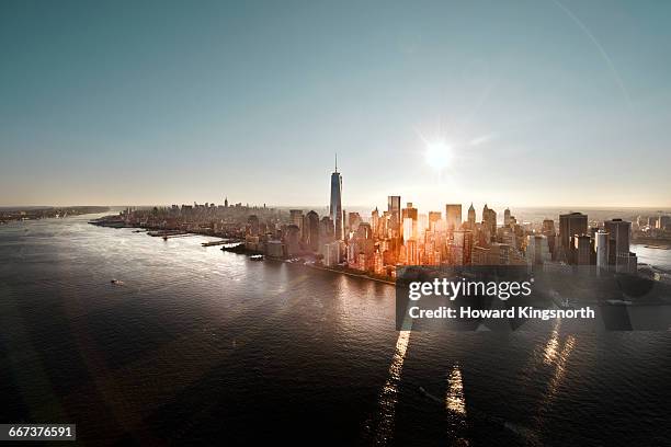 aerial of manhattan, nyc at sunrise - cityscape aerial stock pictures, royalty-free photos & images