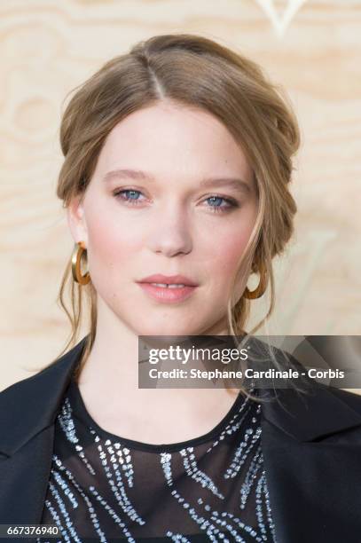 Actress Lea Seydoux attends the Louis Vuitton's Dinner for the Launch of Bags by Artist Jeff Koons at Musee du Louvre on April 11, 2017 in Paris,...