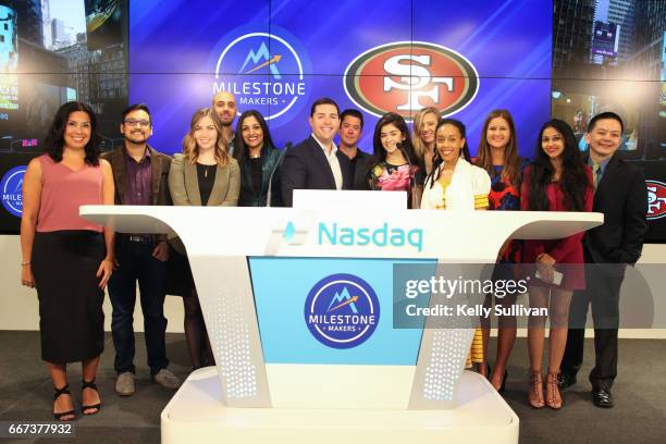 Of the San Francisco 49ers Jed York poses for a photo with the second graduating class of entrepreneurs from The Nasdaq Entrepreneurial Center's...