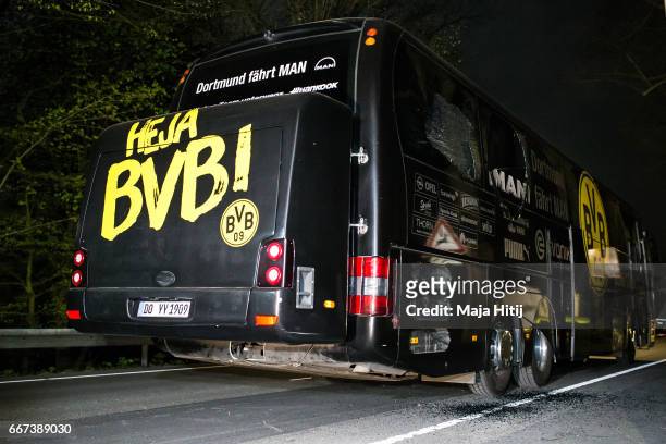 Team bus of the Borussia Dortmund football club damaged in an explosion is seen on April 12, 2017 in Dortmund, Germany. According to police an...