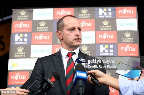 South Sydney Rabbitohs Head Coach Michael Maguire speaks during a South Sydney Rabbitohs NRL media opportunity at Royal Randwick Racecourse on April...