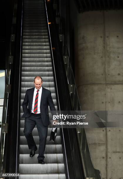 South Sydney Rabbitohs Head Coach Michael Maguire arrives for a South Sydney Rabbitohs NRL media opportunity at Royal Randwick Racecourse on April...