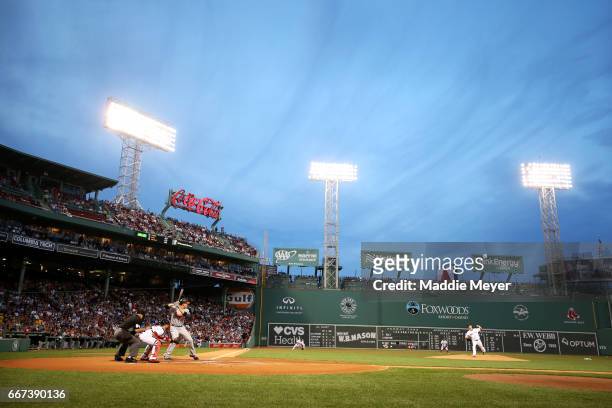 Drew Pomeranz of the Boston Red Sox pitches to Mark Trumbo of the Baltimore Orioles during the first inning at Fenway Park on April 11, 2017 in...