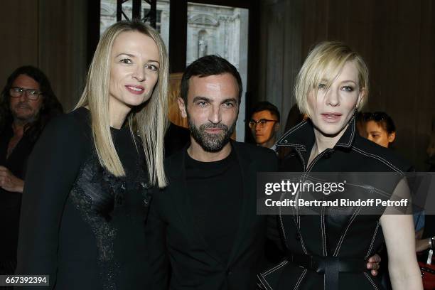 Delphine Arnault, Nicolas Ghesquiere and Cate Blanchett attend the "LVxKOONS" exhibition at Musee du Louvre on April 11, 2017 in Paris, France.